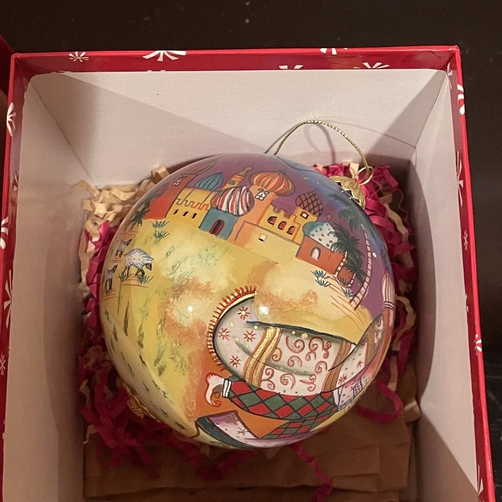 Vintage 2004 Pier 1 Li Bien Hand Painted Glass Christmas Ornament Bethlehem Deco